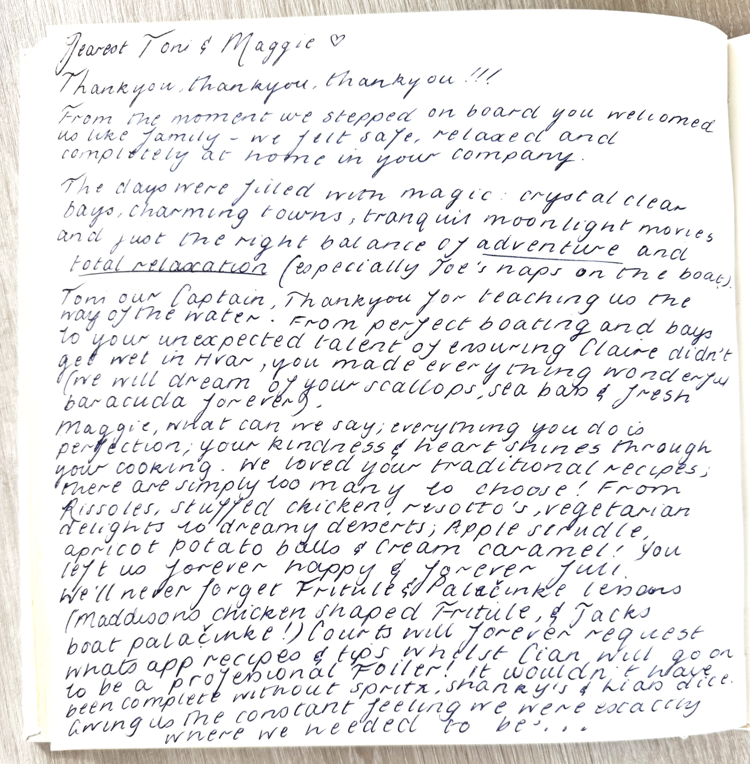 Handwritten thank you letter on a page of a notebook.