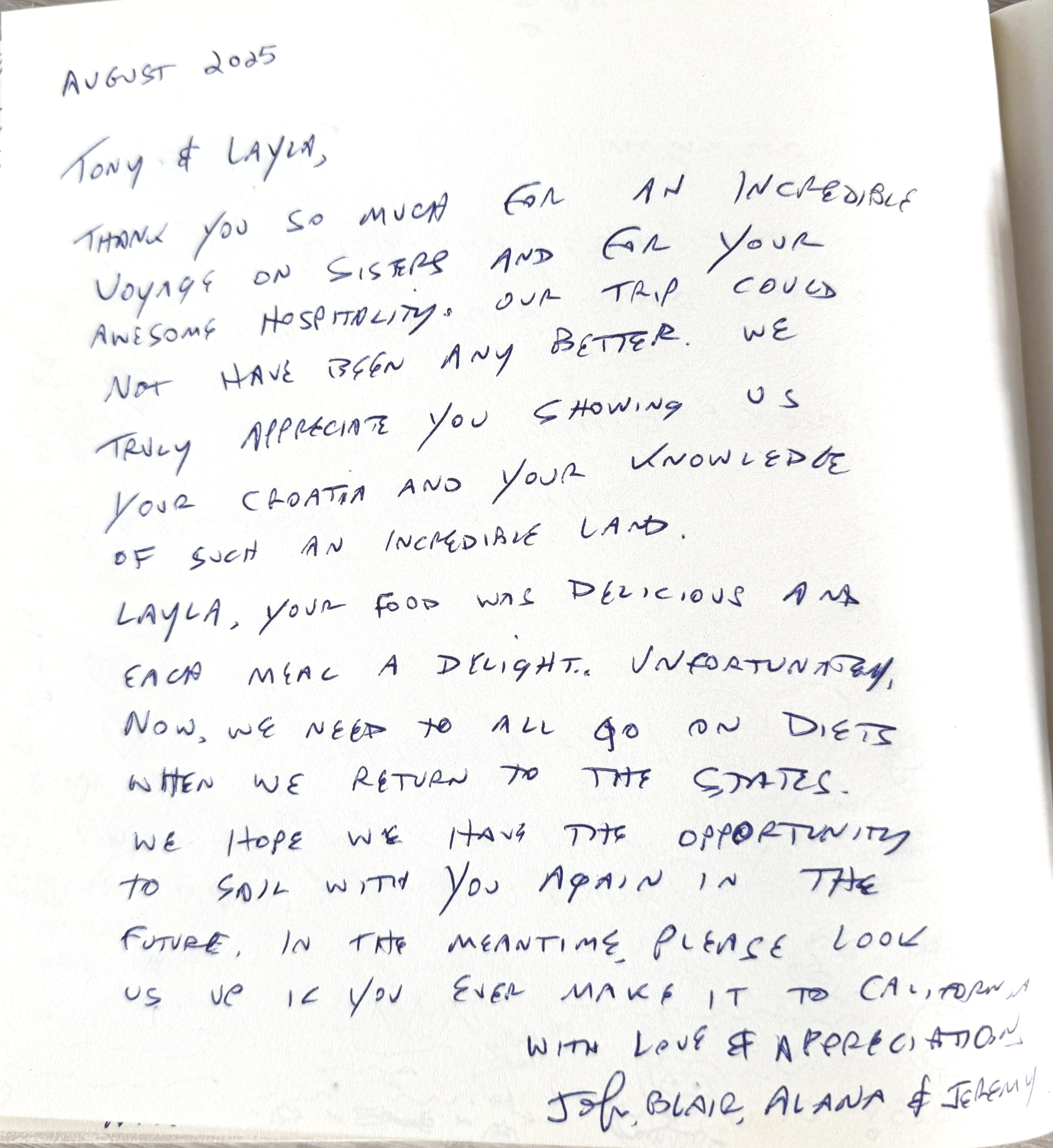 Handwritten letter thanking Tony and Layla for their hospitality during a trip to Alaska, praising their food and knowledge, and looking forward to visiting again.