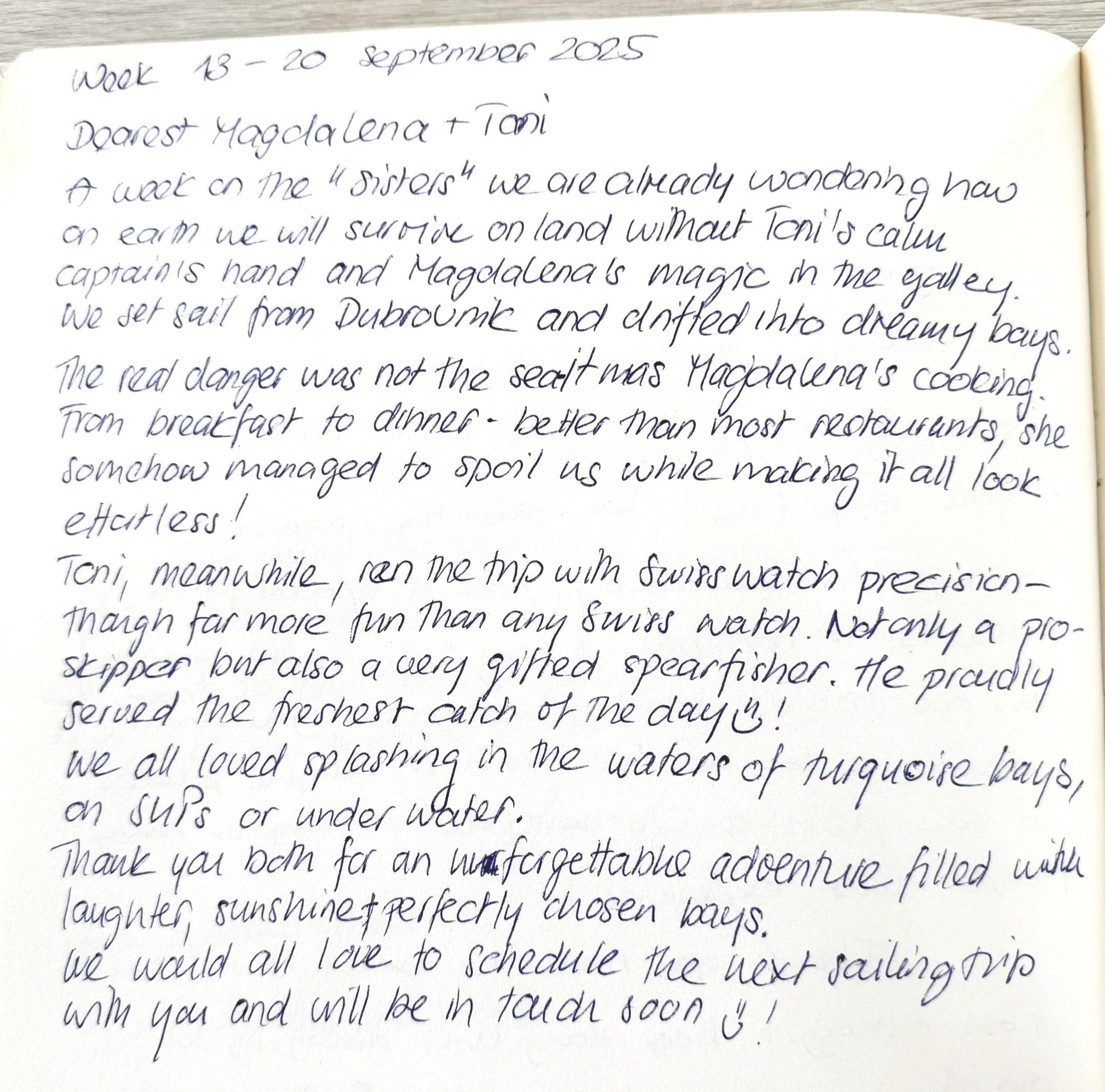 Handwritten journal entry describing a sailing trip with a friend named Tani, including details about the adventure, the boat, and activities such as swimming and fishing.