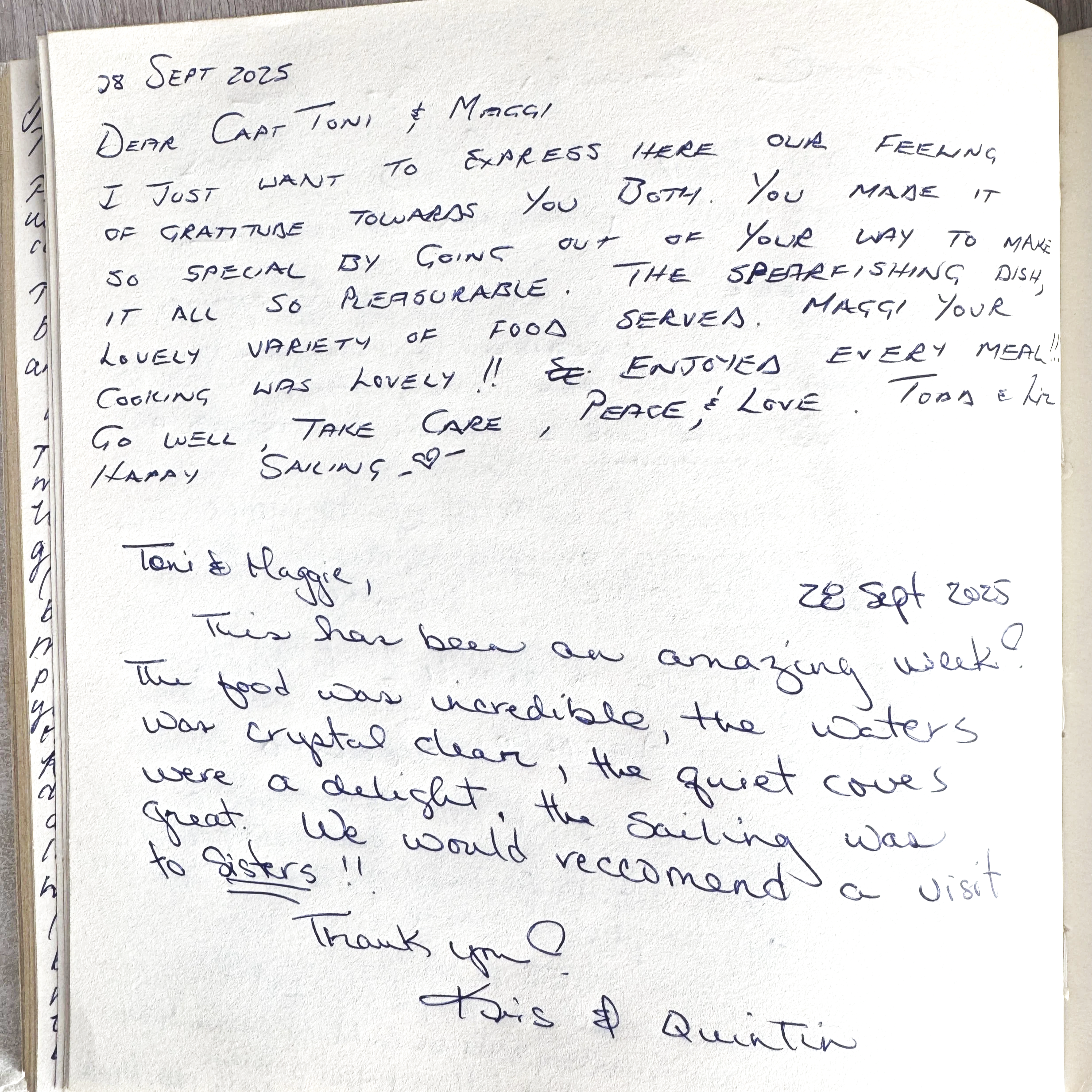 Handwritten thank you letter dated September 28, 2023, expressing gratitude and positive feedback about a week of experiences with friends, mentioning good food, water, and a recommendation to visit.