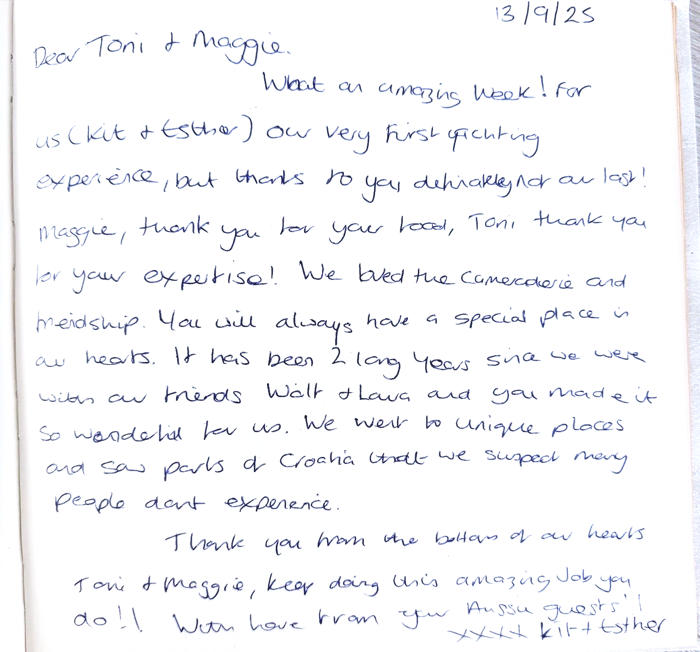 Handwritten letter on white paper, dated 13/9/25, addressed to Toni and Maggie, praising their work and friendship, thanking them for their hospitality, and encouraging them to continue their efforts, signed by Kit and Esther.