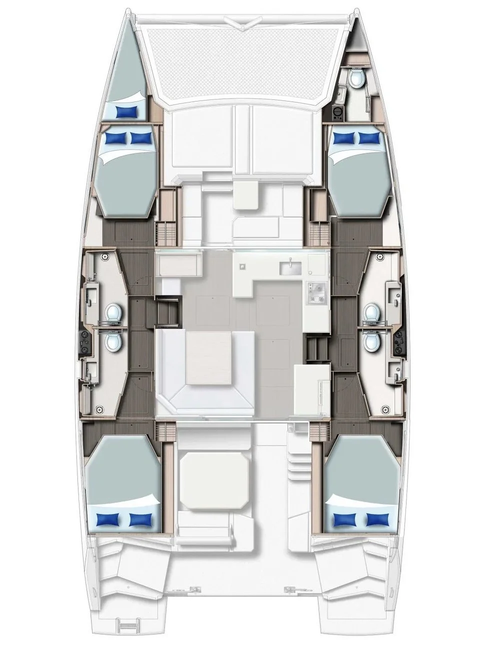Floor plan of a yacht interior showing four bedrooms, three bathrooms, a central living area, a kitchen, and a deck.
