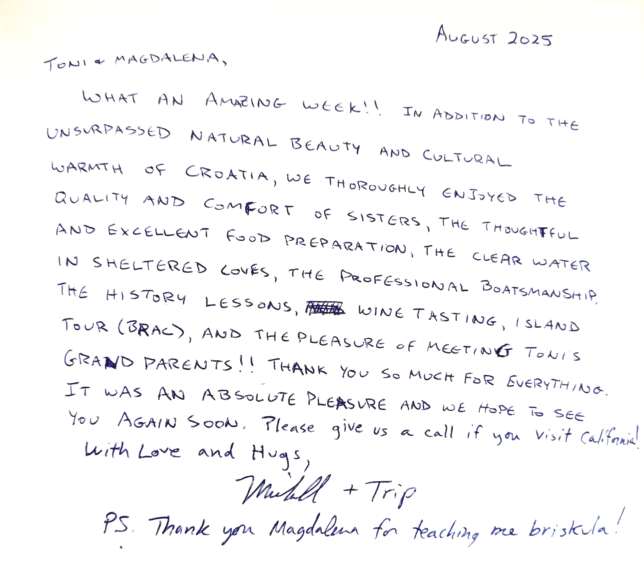 Handwritten letter dated August 2025, addressed to Toni and Magdalena, expressing gratitude for a memorable trip to Croatia, mentioning natural beauty, cultural experiences, food, wine tasting, island tour, meeting grandparents, and a thank you note to Magdalena for teaching brisket.