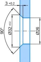 Technical drawing of a mechanical part showing a cylindrical shape with a 32mm diameter and 26mm diameter sections, 90-degree angles, and detailed measurements including tolerances.