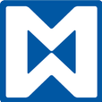 Blue background with a white geometric logo consisting of intersecting shapes.