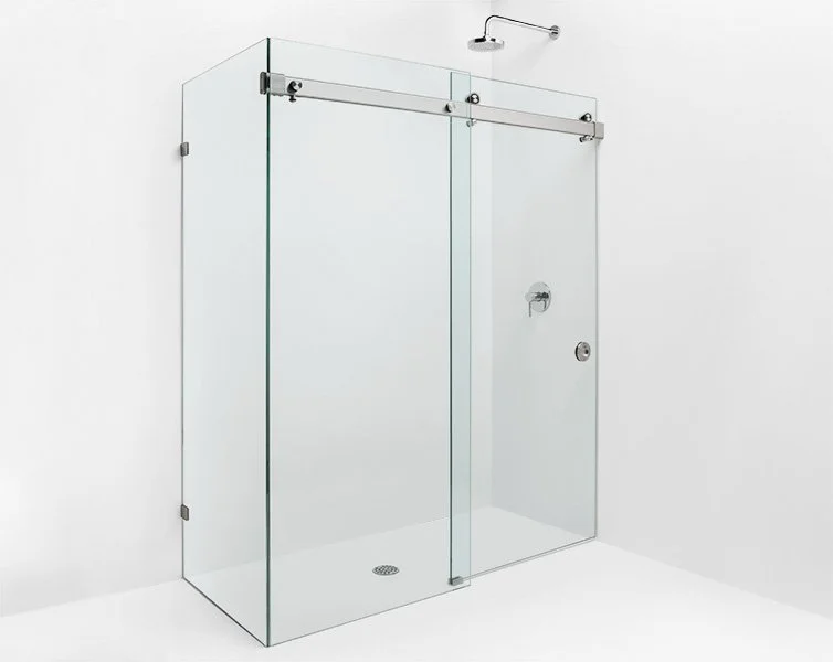 Close-up of a metallic sliding door roller with a roller wheel and mounting bracket. Krownlab model