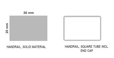 Diagram of a solid material handrail measuring 30mm by 20mm and a square tube handrail with an end cap.