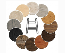 A circle of 12 wood samples in various shades surrounding a simple black line drawing of a ladder.