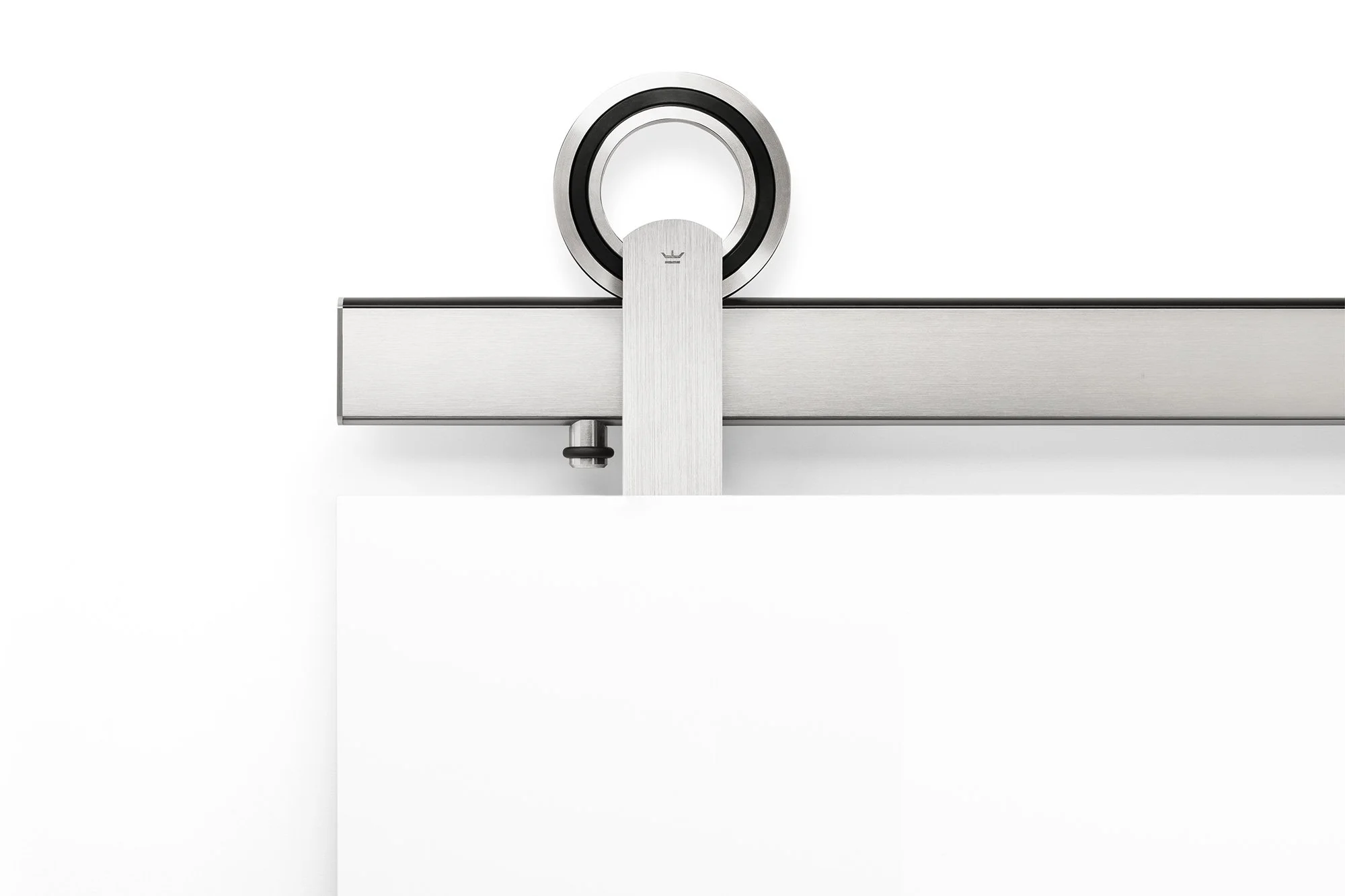 Close-up of a metallic sliding door roller with a white frame in the background. Krownlab model