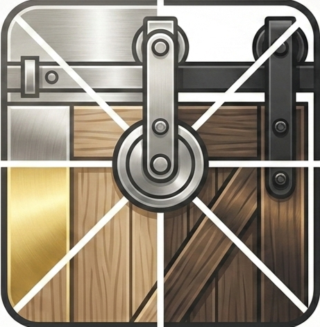 Close-up of a sliding barn door with metal hardware, showing different types of wood panels in a collage style.