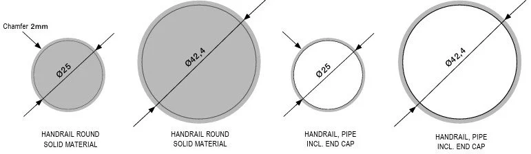 Diagram of four handrail round tubes with measurements, showing different sizes and types, including pipe and material specifications.