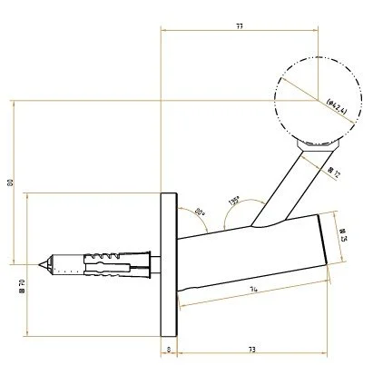 Technical engineering drawing of a mechanical component with measurements and angles labeled.