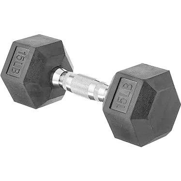 A pair of black rubber-coated dumbbells connected by a metal handle.
