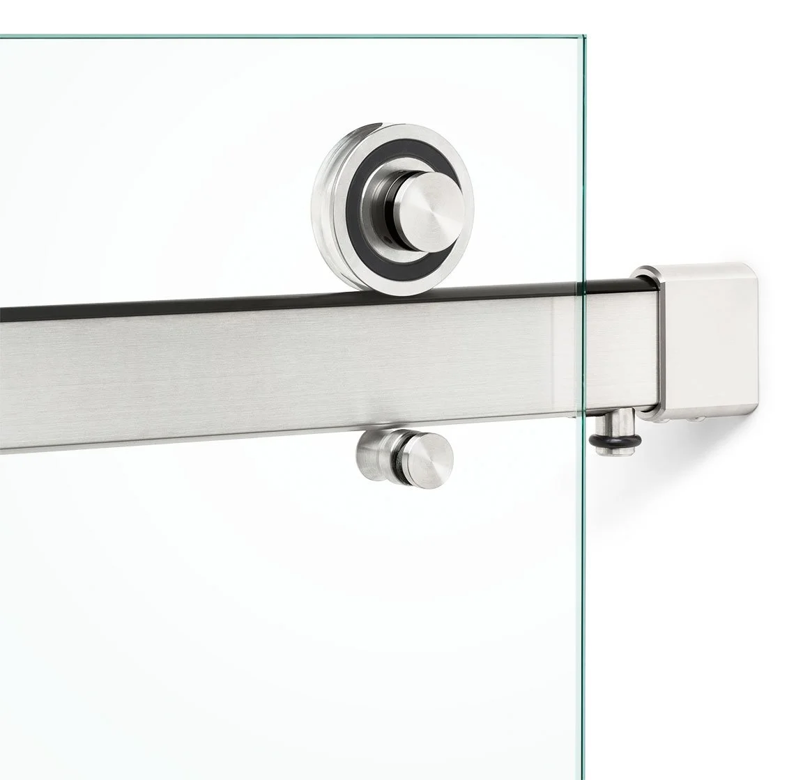 Close-up view of a glass door sliding mechanism with metal rollers and brackets.