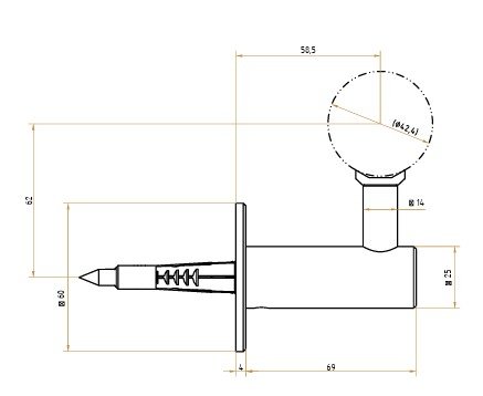 Technical drawing of a mechanical part with dimensions and circular component at top.
