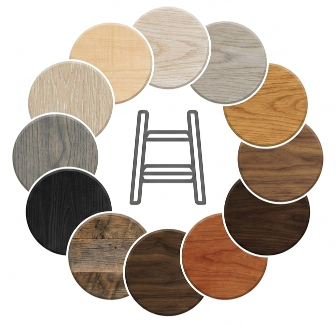 A circular arrangement of fifteen wood samples in different colors, with an outline drawing of a step ladder in the center.