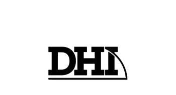The logo of DHF, with the letters DHF in bold black font and a curved line underneath.