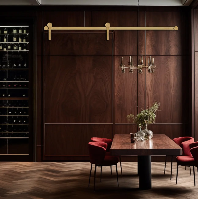 A dining area with a wooden table and four red chairs, a glass vase with greenery, a wood-paneled wall with a brass light fixture, and a large wine storage fridge on the left.