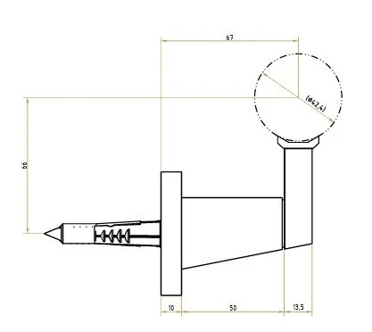 Technical drawing of a mechanical part with measurements, including a pointed section, cylindrical sections, and a circular feature.