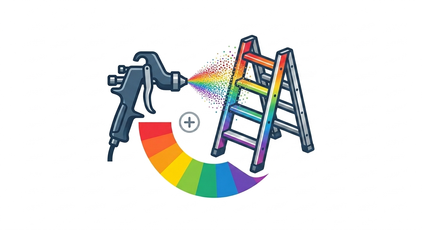 A rainbow-colored spray paint gun painting a wooden ladder, with a rainbow-colored arc below.