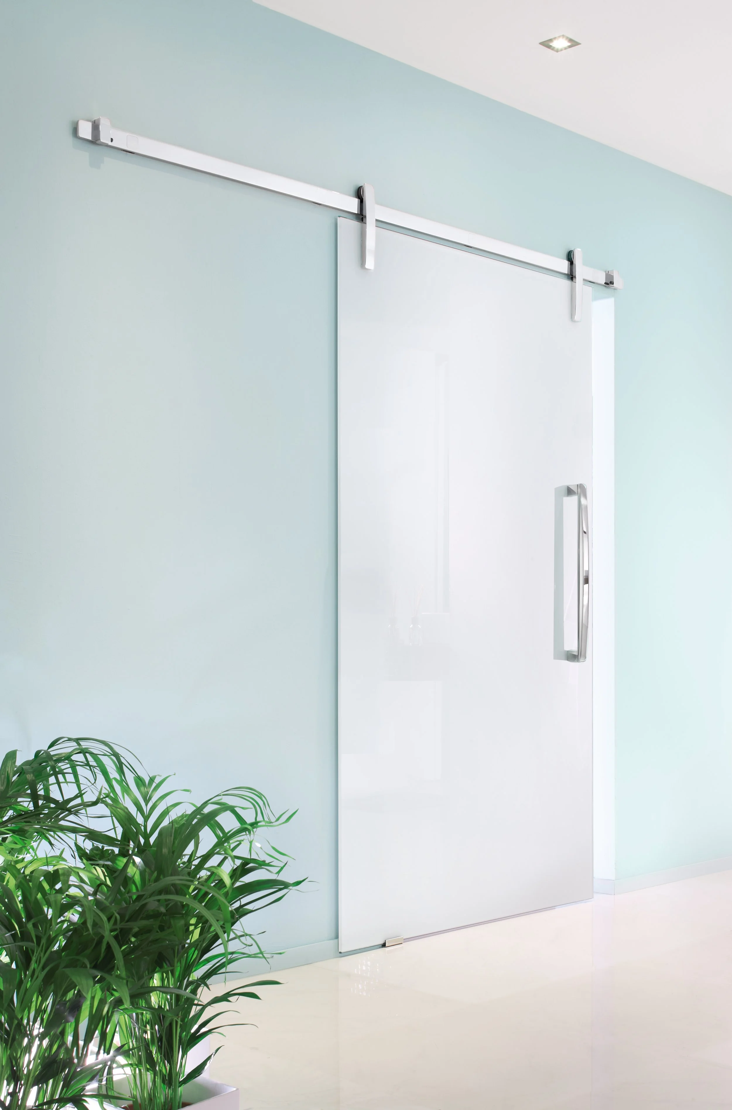 MWE Barn door hardware installation on black glass Purist ST.1055.PU