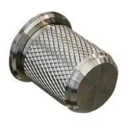 A metal filter or strainer with a cylindrical shape and knurled surface for grip.