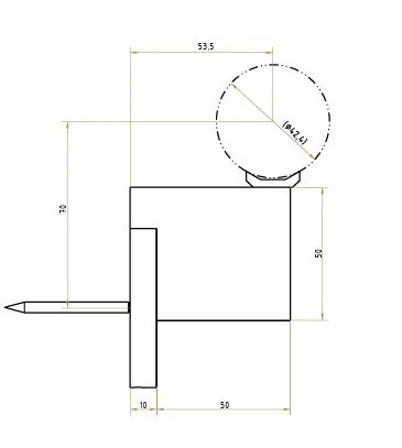 Technical drawing of a small mechanical component with dimensions labeled, including a circular feature and a pointed pin extending from the side.