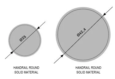 Two gray circular handrails made of solid material, with diameters of 25 mm and 42.4 mm, labeled as handrail round solid material.