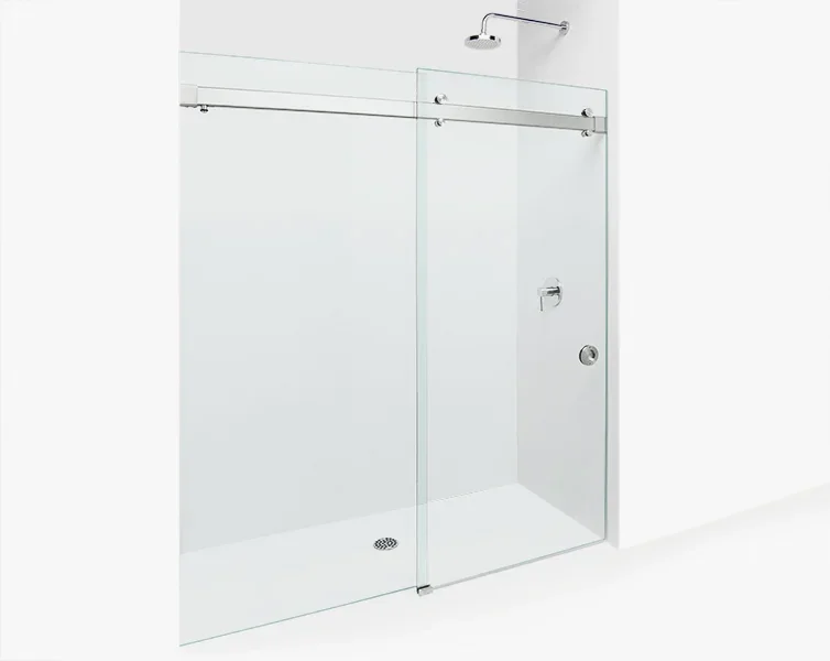 Close-up of a metallic sliding door roller with a white frame in the background. Krownlab model