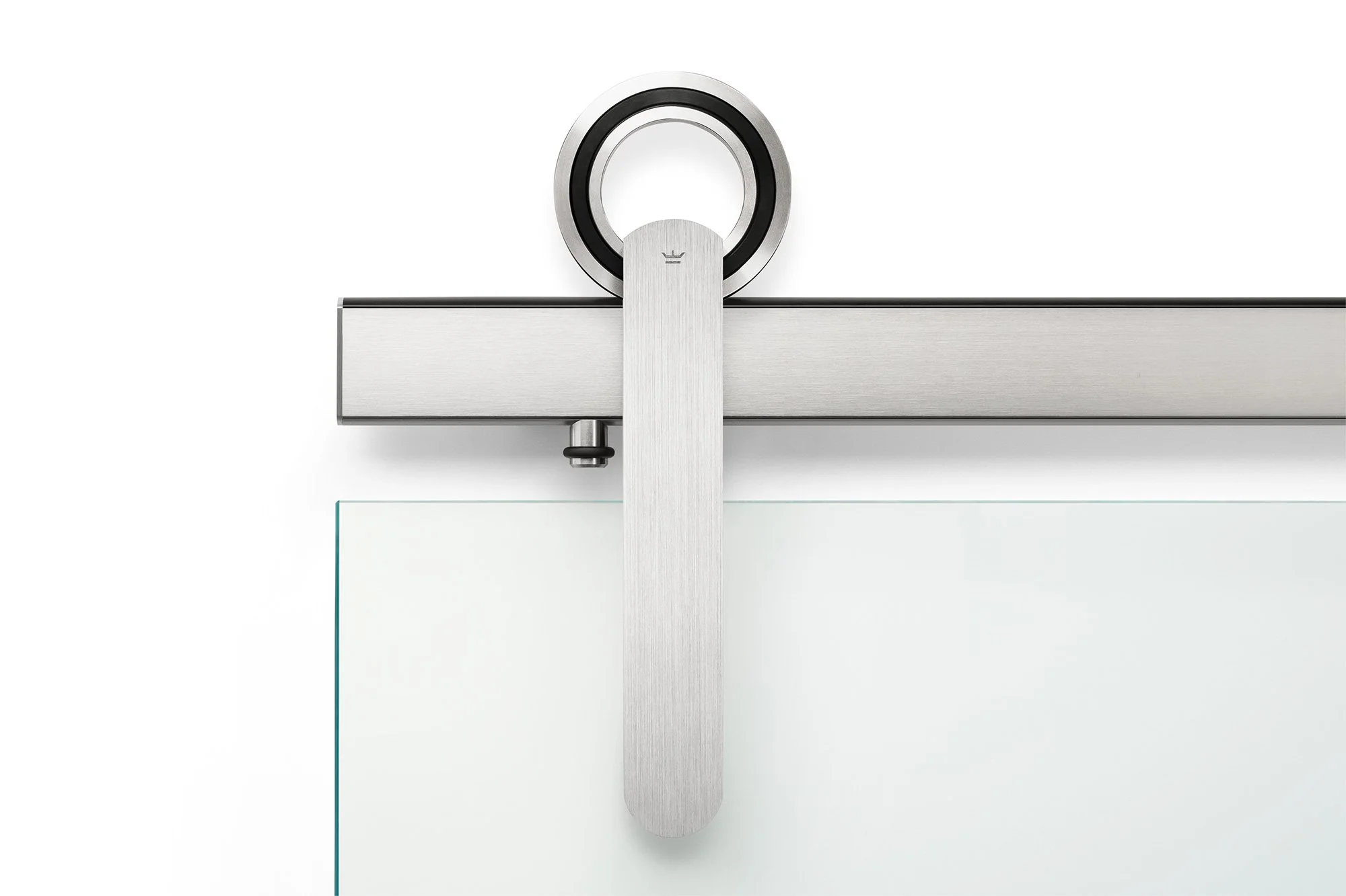 Close-up view of a sliding glass door handle with a modern metallic finish and roller mechanism, mounted on a glass door. Krownlab model