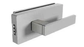 Close-up of a round metal wall bracket holding a cylindrical wooden dowel or bar against a gray textured wall.
