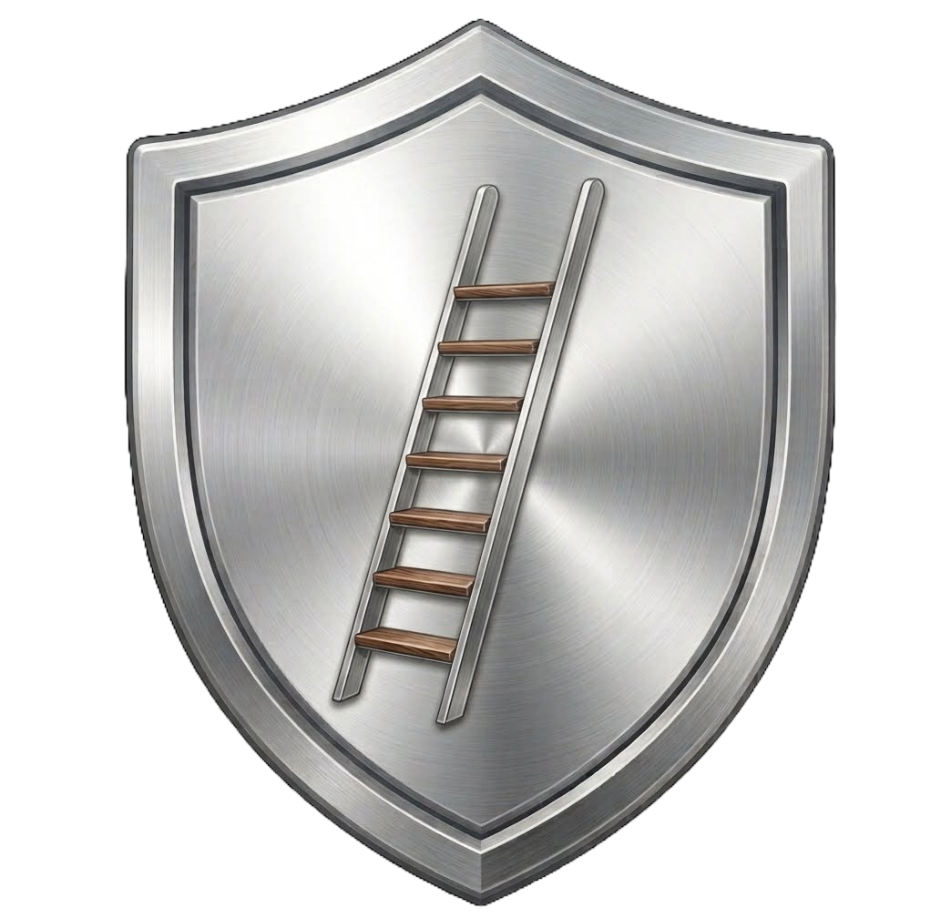 A security shield emblem with a ladder symbol in the center, rendered in metallic silver and brown colors on a black background.