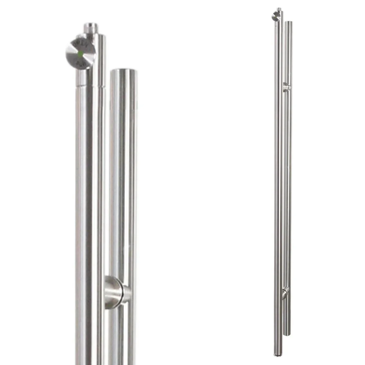 Metal pipes with a circular mirror and mounting brackets.