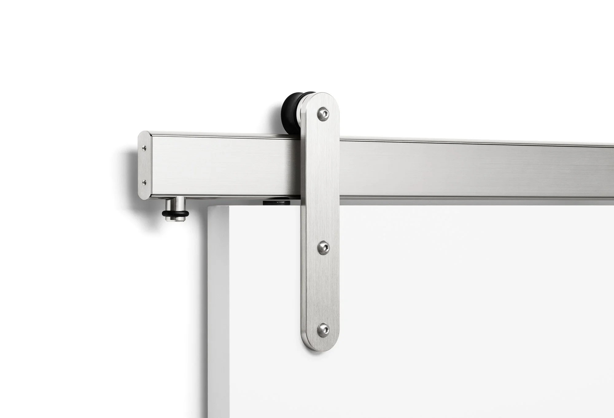 Close-up of a metallic sliding barn door track and roller assembly against a white background. Krownlab