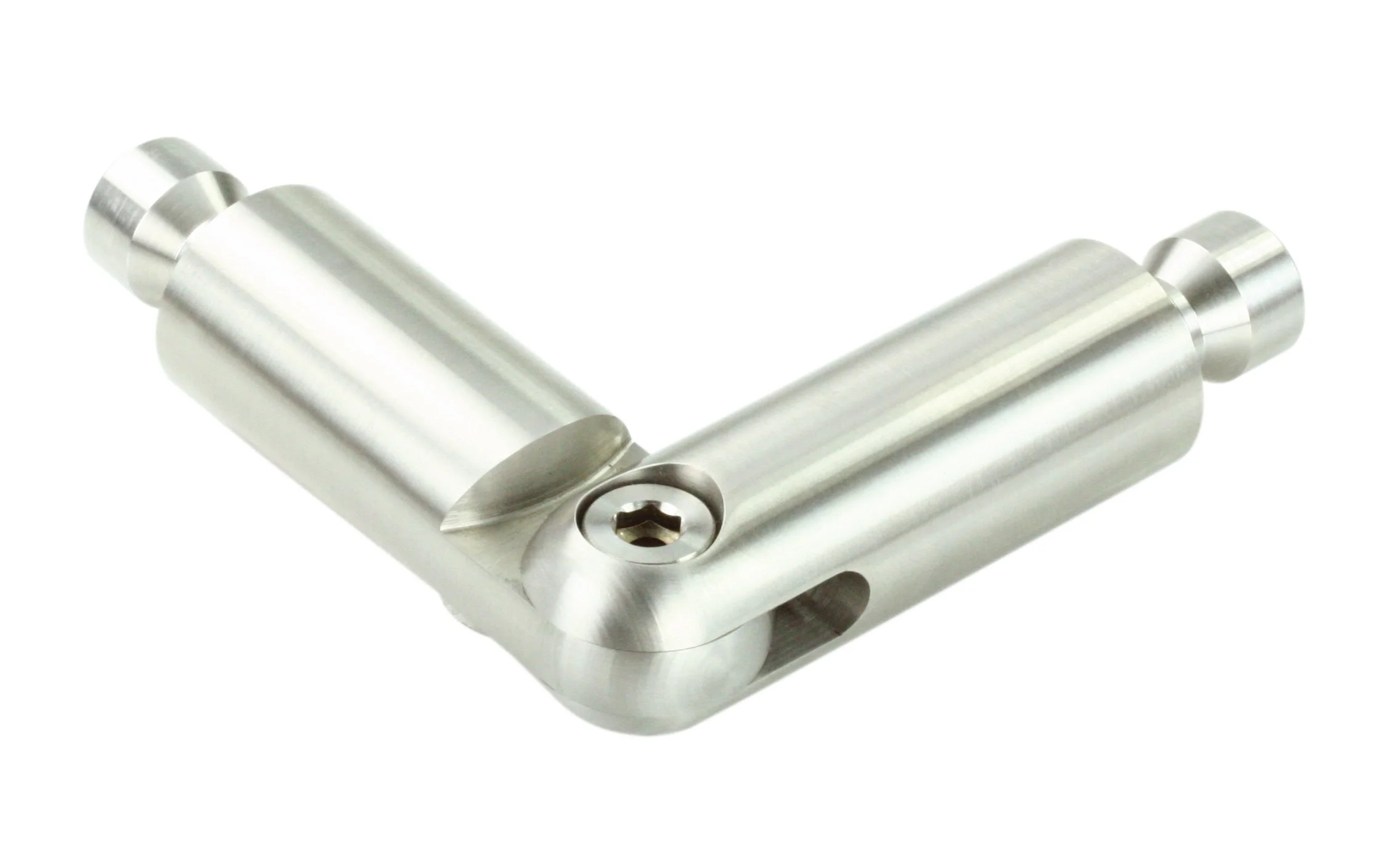 Close-up of a metallic hinge or joint with a screw in a shiny, silver finish.