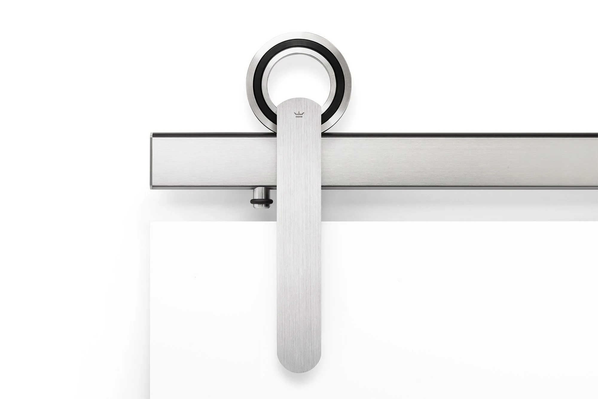 Close-up of a metallic sliding door roller with a roller wheel and mounting bracket. Krownlab model