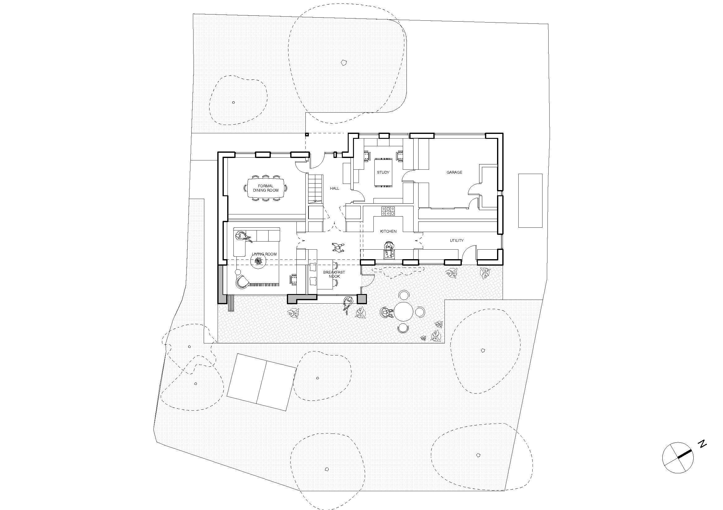 Architectural floor plan of a house with labeled rooms including living room, dining room, kitchen, study, and garage, surrounded by a landscaped garden.