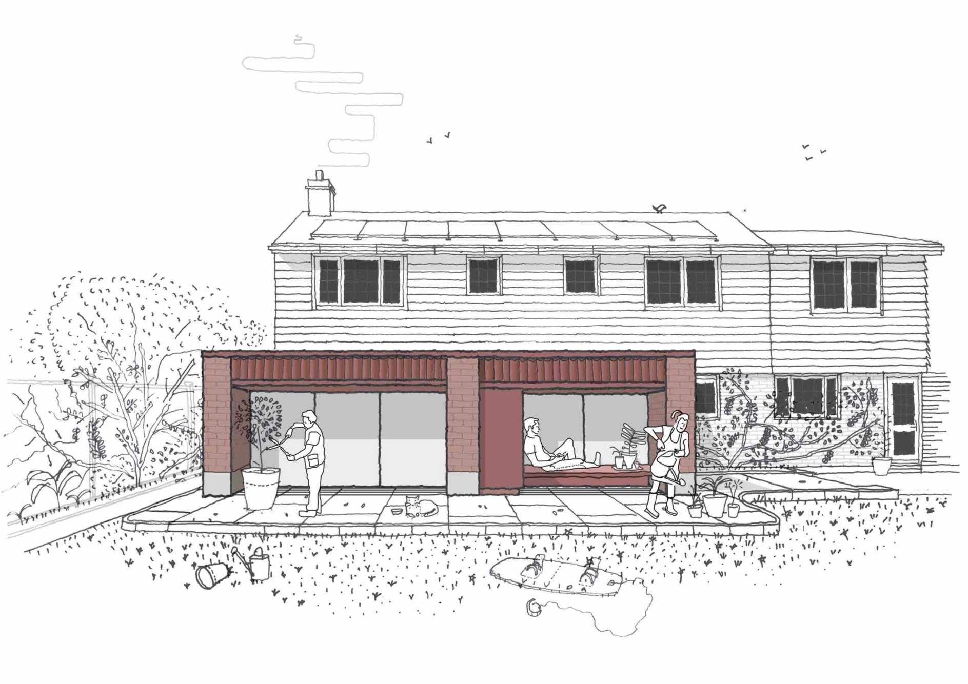 Illustrated house with people gardening and relaxing outside.