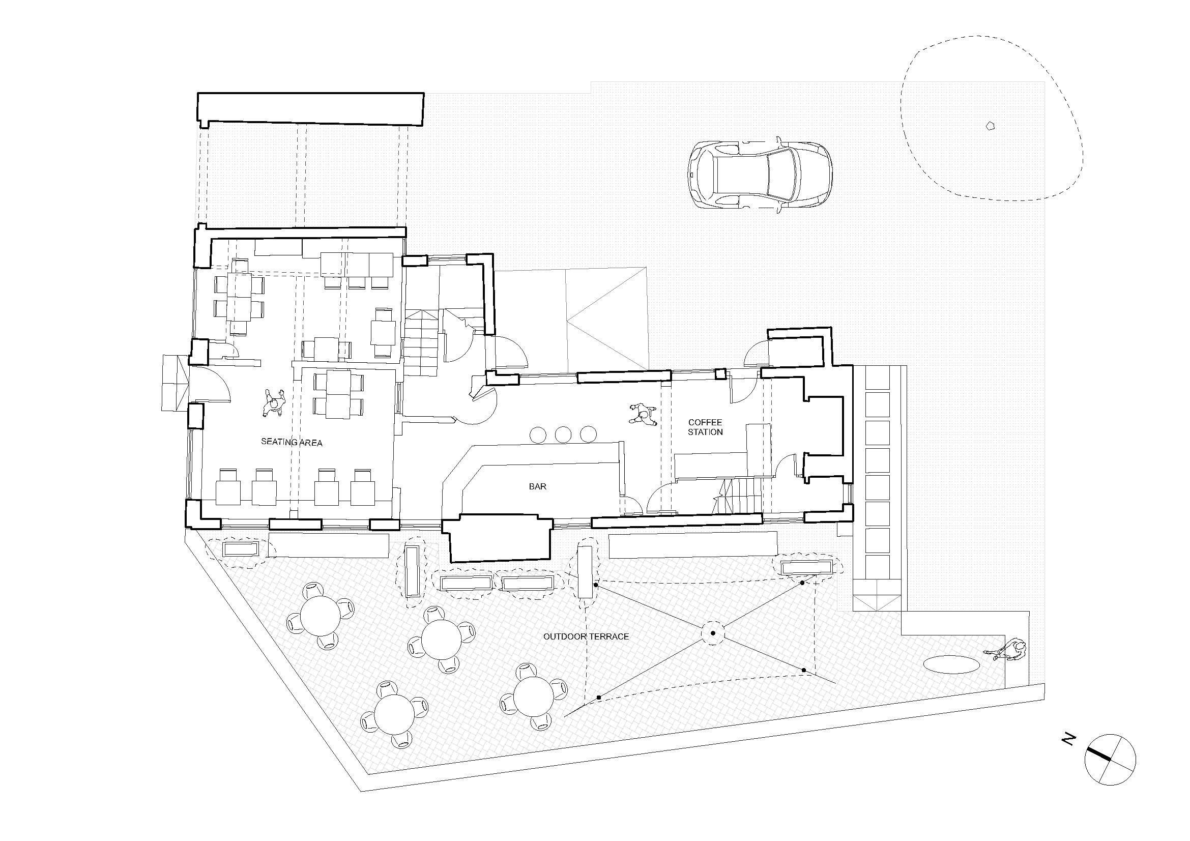Floor plan with seating area, bar, coffee station, outdoor terrace, and car parking space.