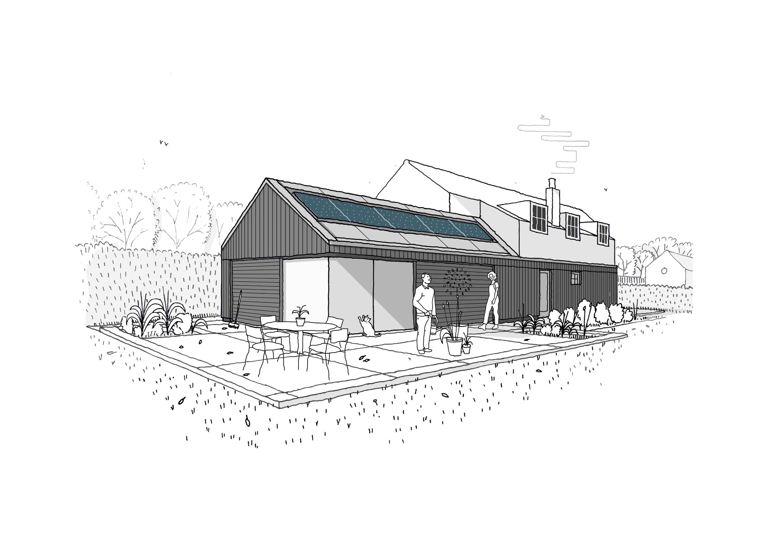 Illustration of a modern house with solar panels