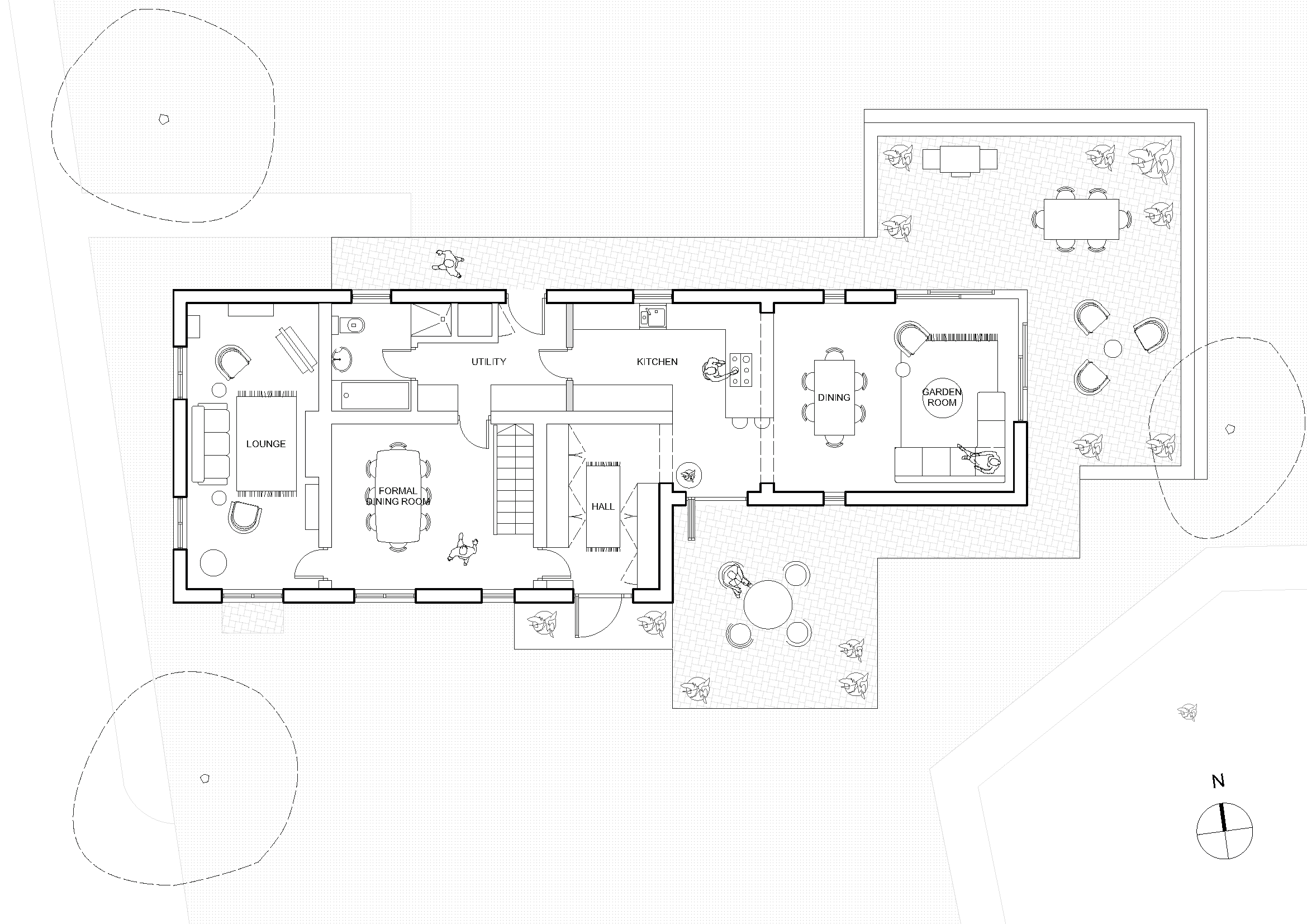 Floor plan of a house with rooms labeled as lounge, formal dining room, utility, kitchen, dining, and garden room. Includes outdoor patio areas and a compass pointing north.