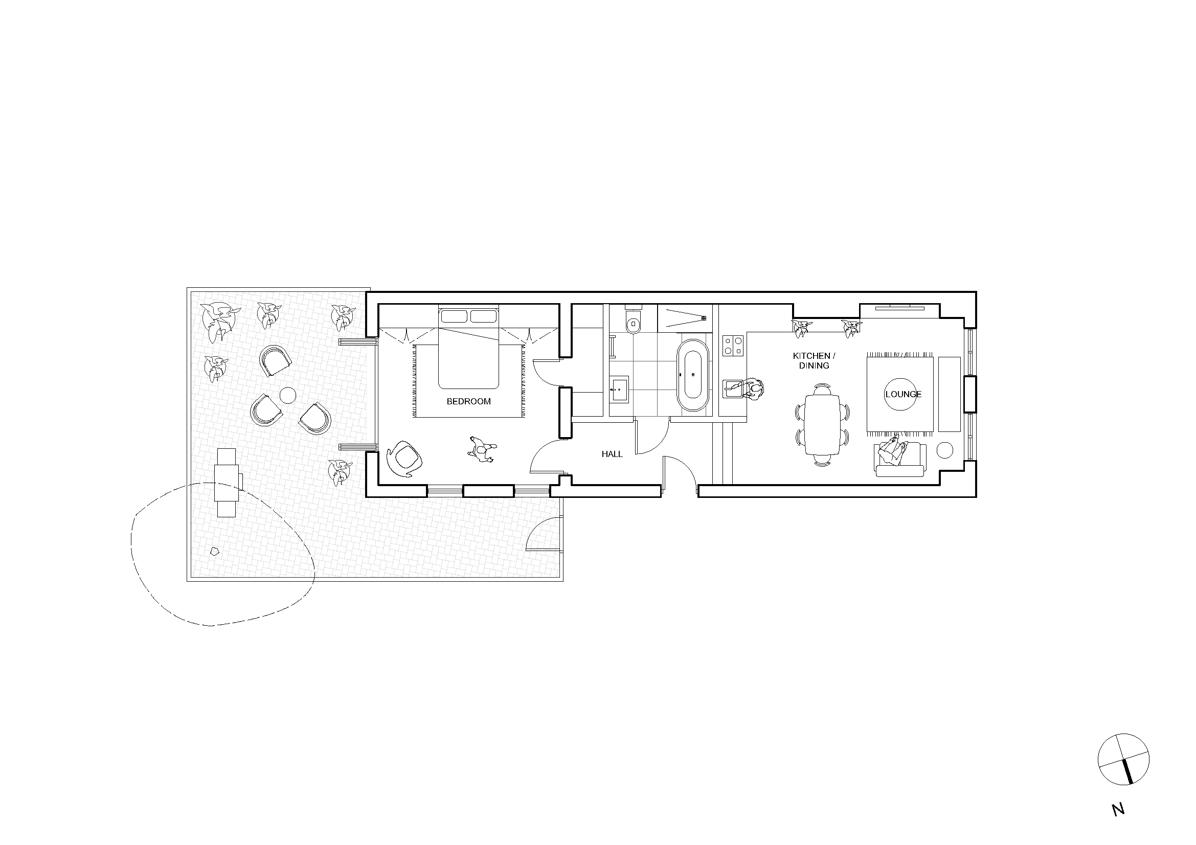 Architectural floor plan of a small apartment with bedroom, bathroom, kitchen/dining area, and lounge. Includes outdoor patio with seating and plants.