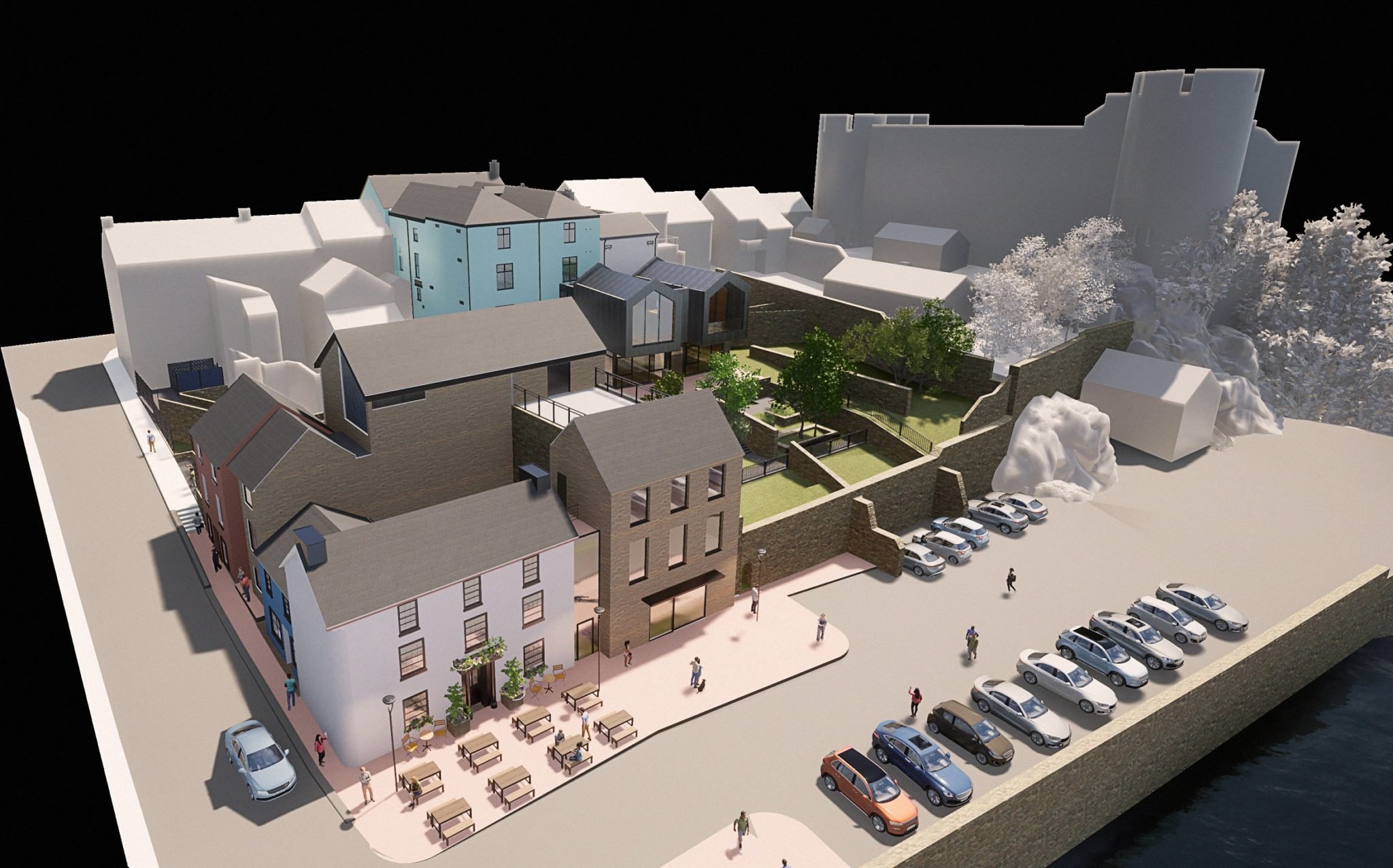 Architectural rendering of a development with buildings, outdoor seating, greenery, and parking.
