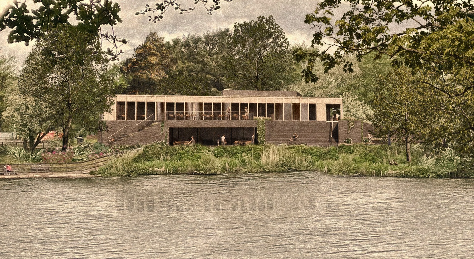 A modern, minimalist building with large windows sits among trees by a water body. People are visible on the steps and terrace, with greenery surrounding the structure.