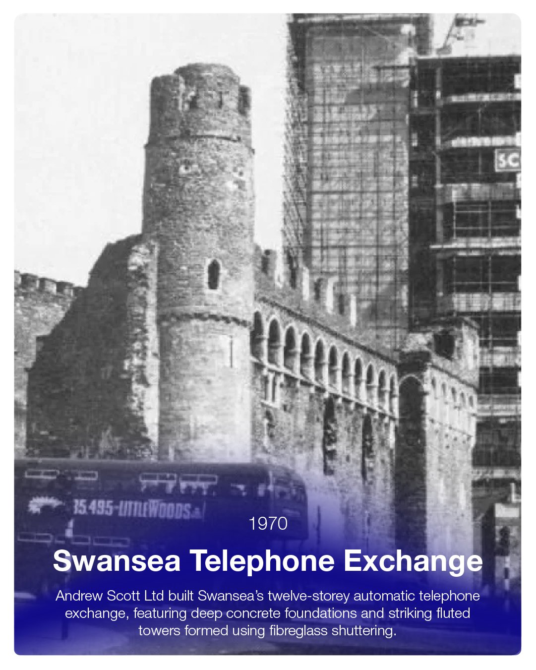 Black and white historical photo of the Swansea Telephone Exchange building with a modern bus in the foreground and some overlay text describing the building's history.