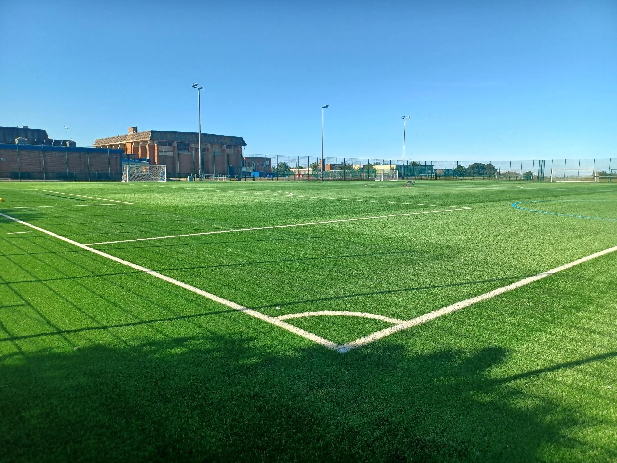Empty green soccer field with white lines and goalposts under a blue sky