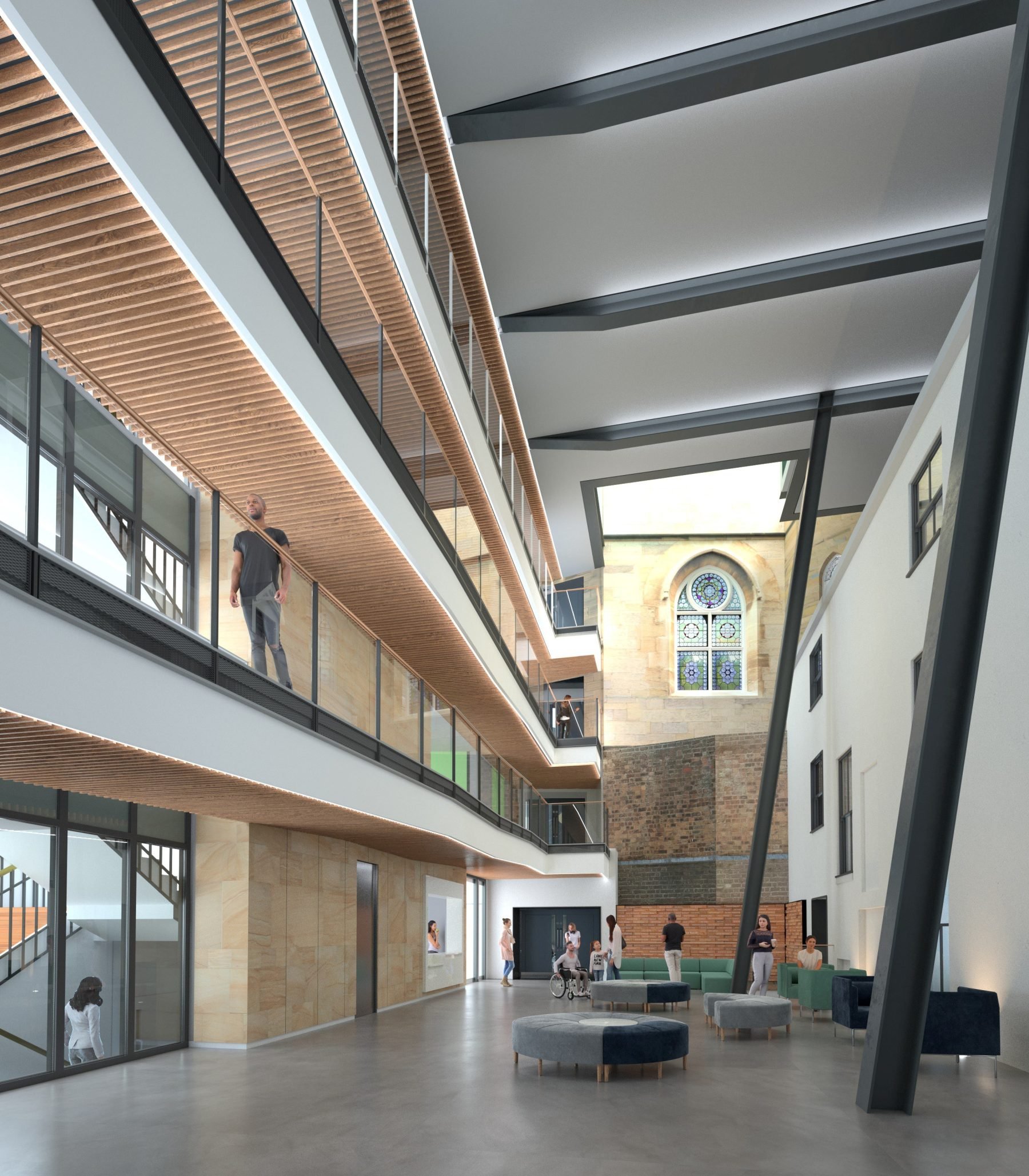 Modern multi-level building interior with glass balconies, wooden accents, and an arched stained glass window; people interacting and walking.