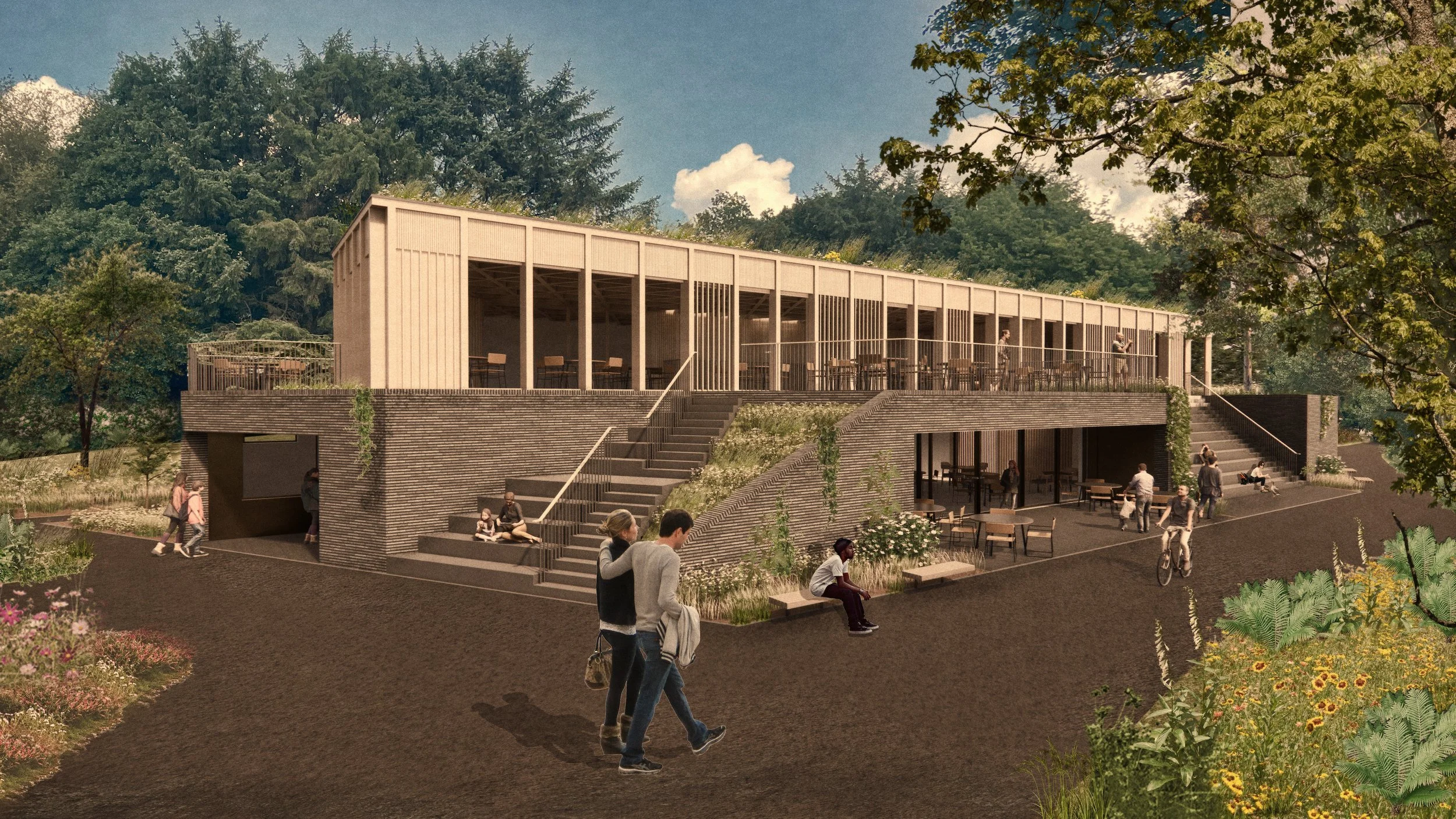 Architectural rendering of two-story modern building in wooded area, featuring outdoor seating, stairs, and people walking and cycling nearby.