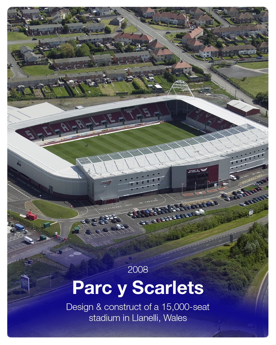 Aerial view of Parc y Scarlets rugby stadium in Llanelli, Wales, showing the field, surrounding parking lot, and nearby residential area, with text indicating it was designed and constructed in 2008 to seat 15,000.