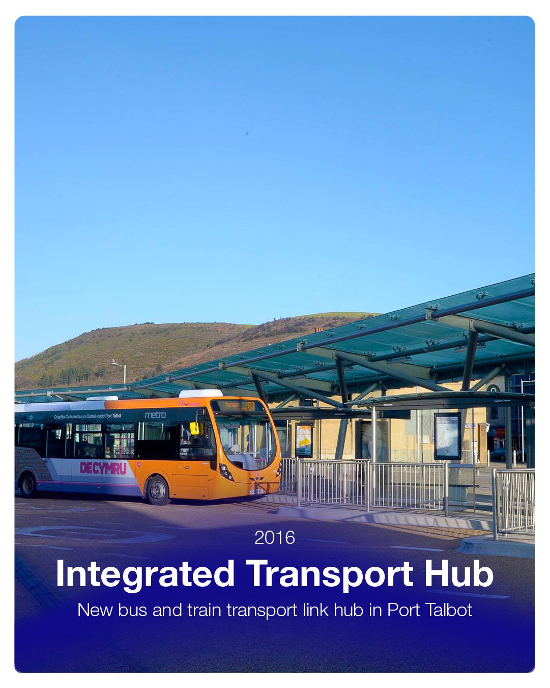 Cover of a publication titled '2016 Integrated Transport Hub' featuring a bus at a modern bus stop in Port Talbot, Wales, with a mountain in the background.